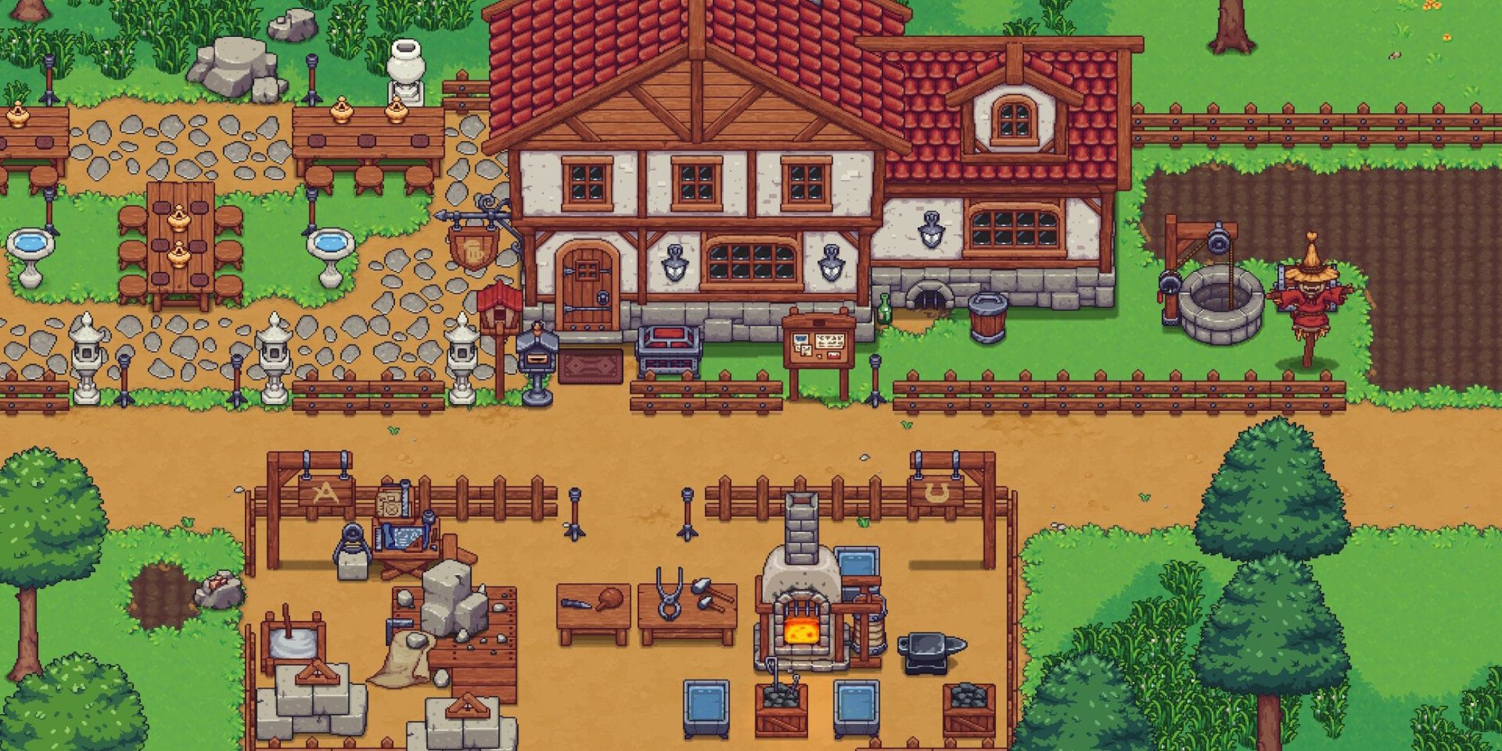 the outside of the tavern in Travellers Rest, with crafting equipment available.