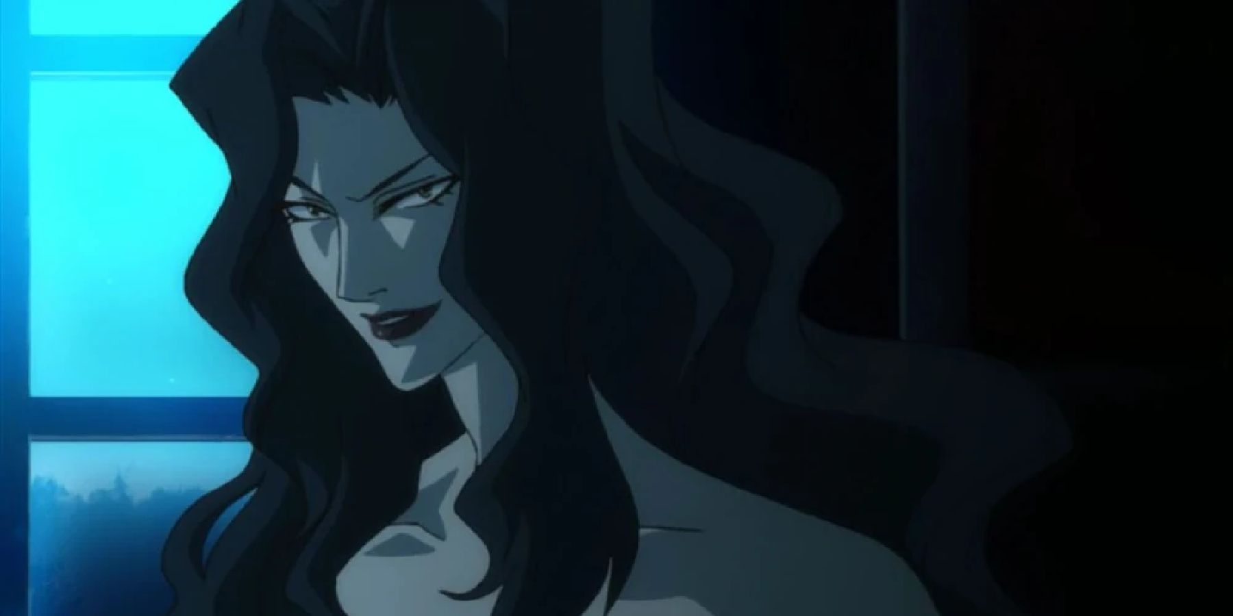 Trinity Blood Mireille Manson in a dark room, a cruel smile on her lips