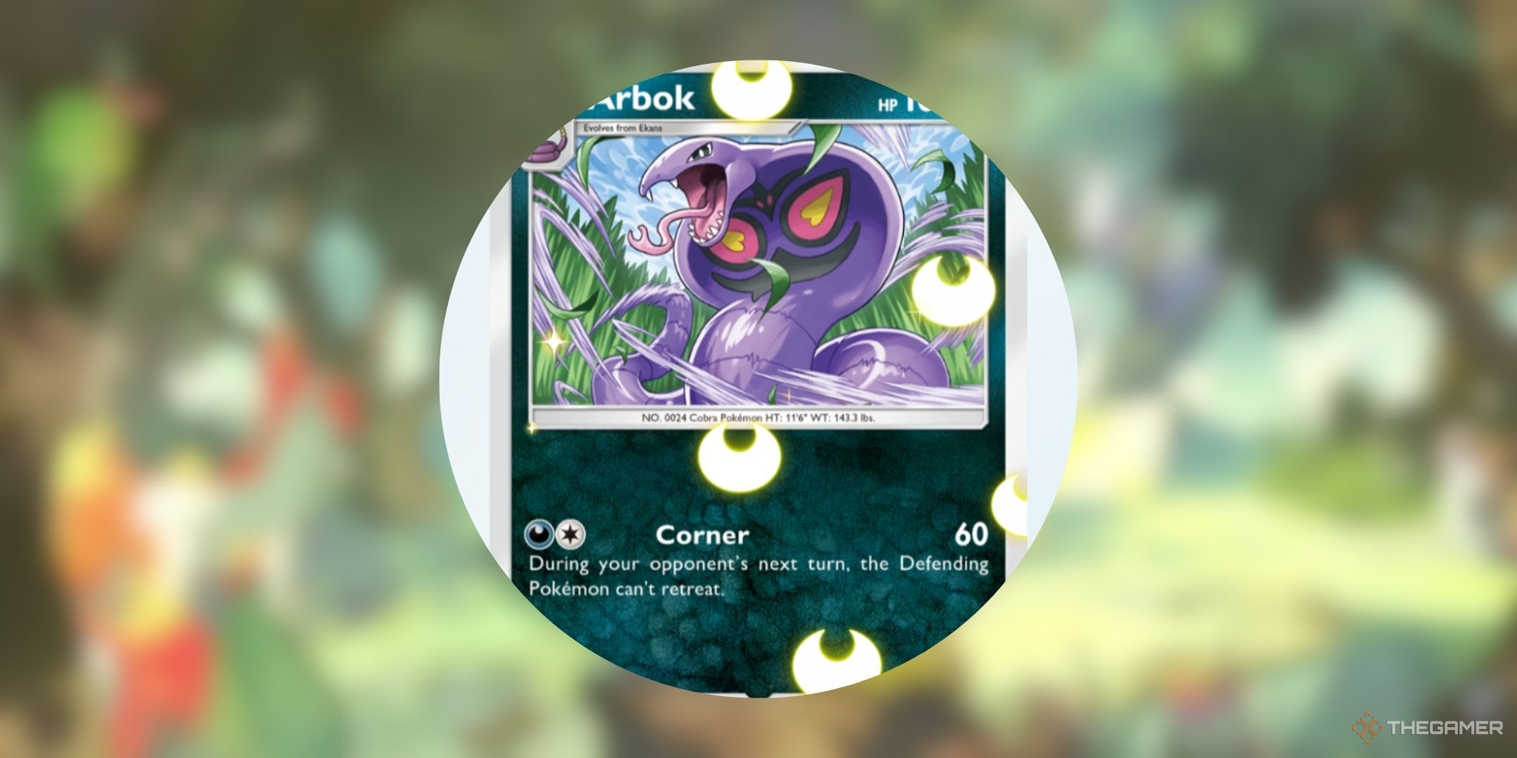 Pokemon Pocket Arbok card with Darkness Energy Flair (Cosmetic) effect.