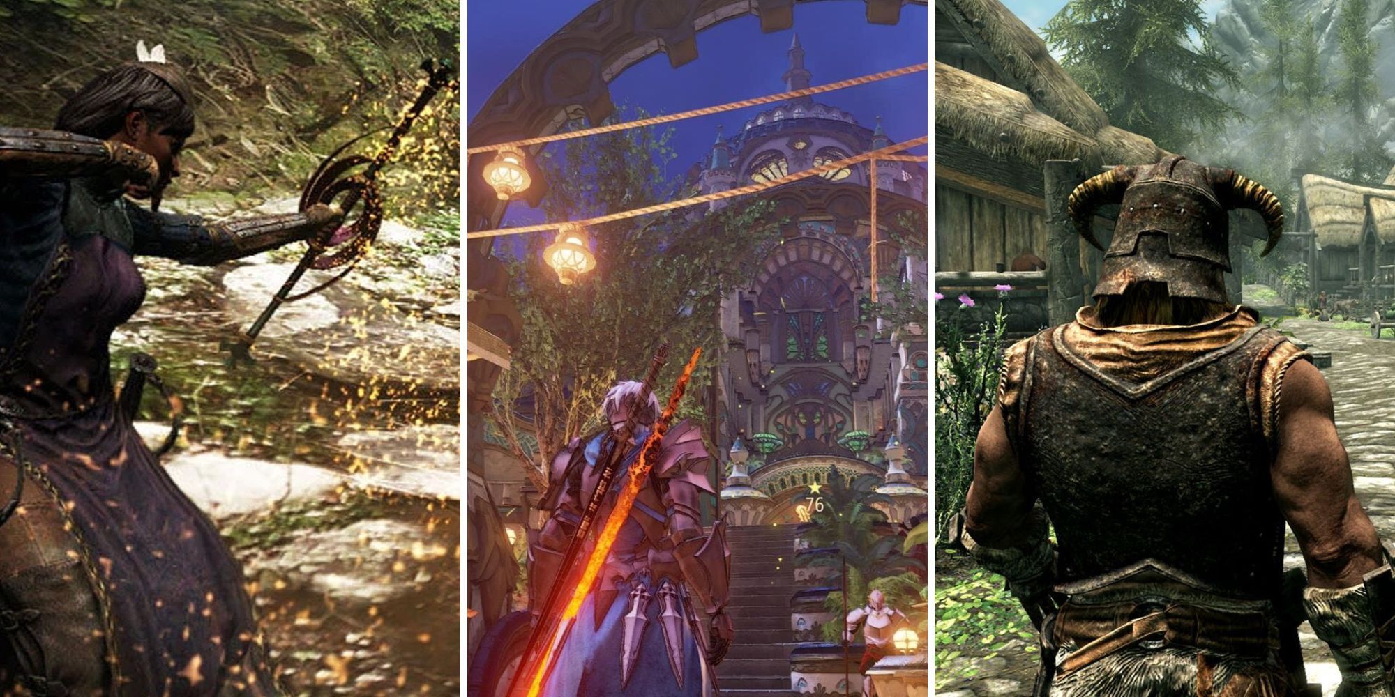 A grid of the RPGs Dragon’s Dogma: Dark Arisen, Tales of Arise, and The Elder Scrolls 5: Skyrim