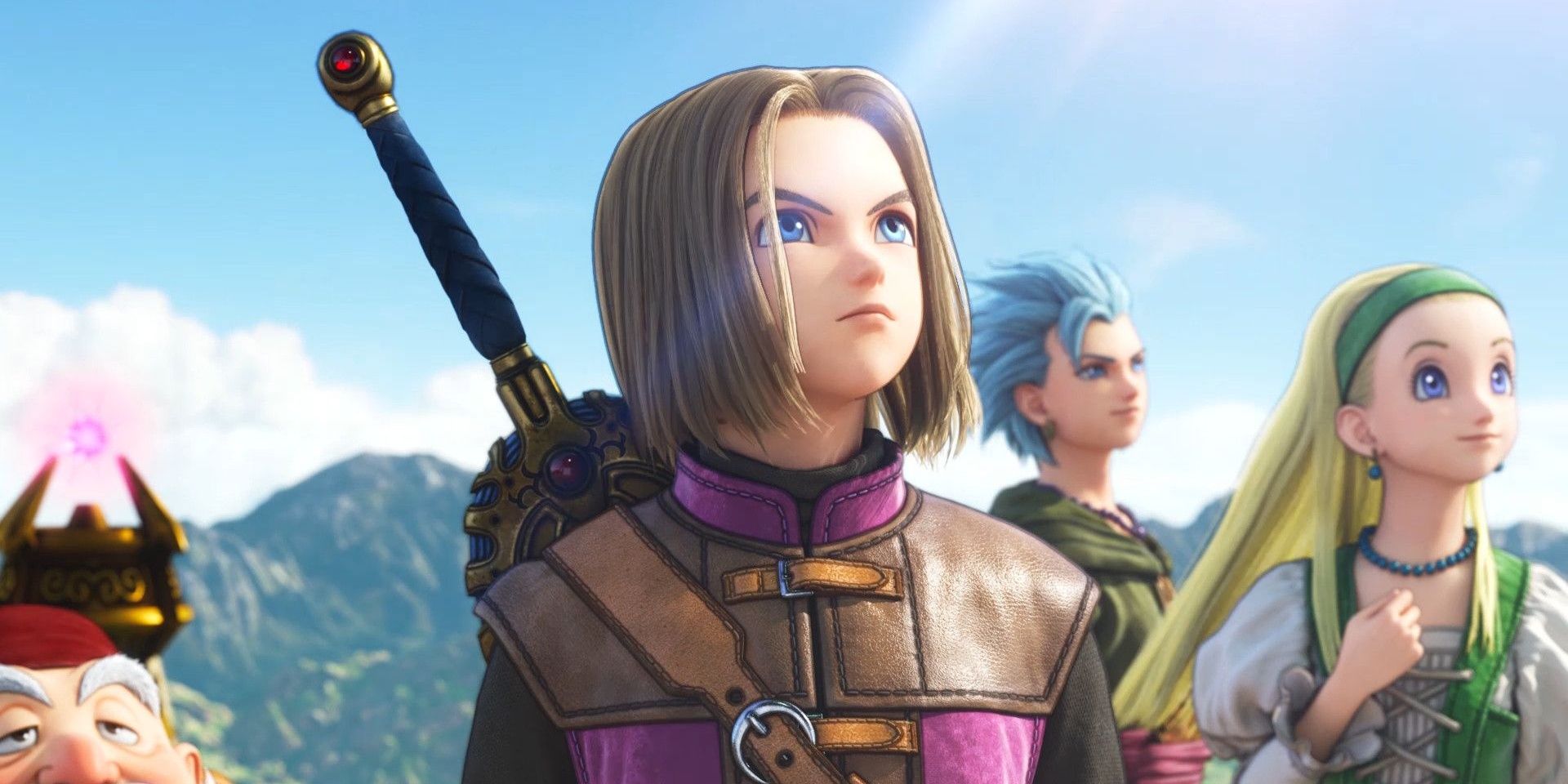 The party looking to the right in Dragon Quest 11.