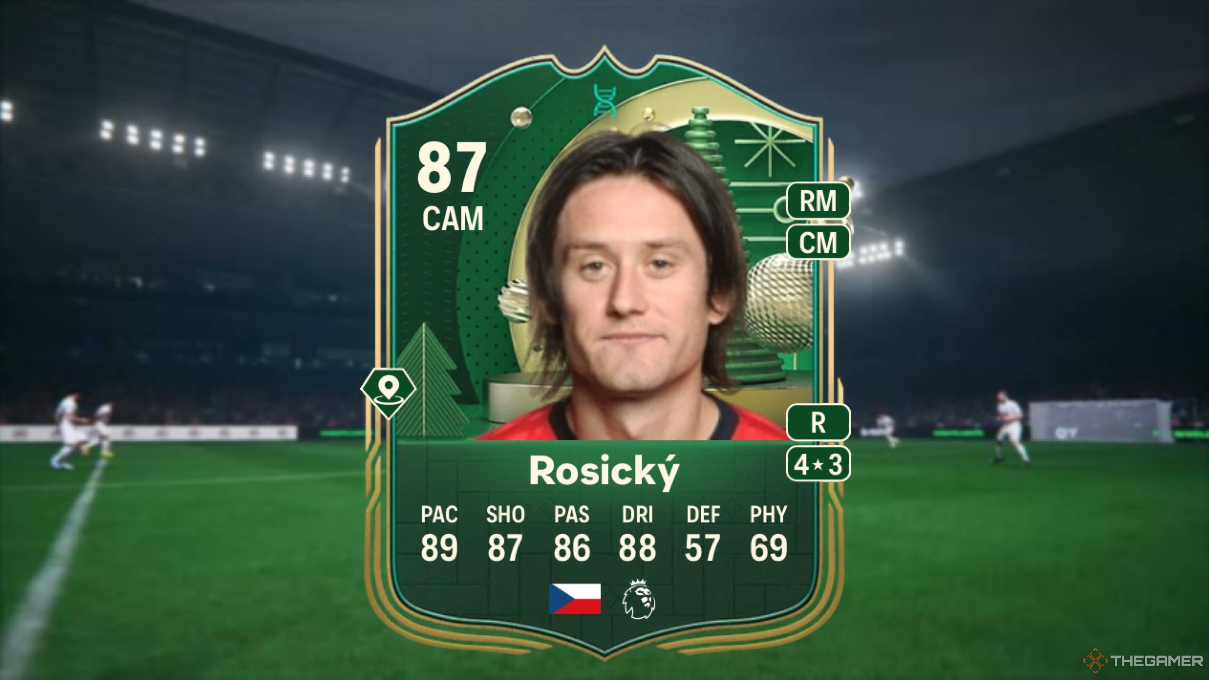 Image showing Rosický card against a faded stadium background.