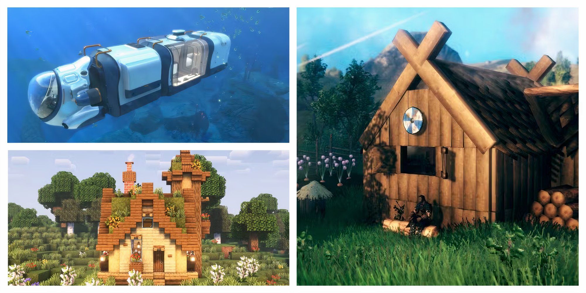 Minecraft house, Valheim house and Subnautica base.