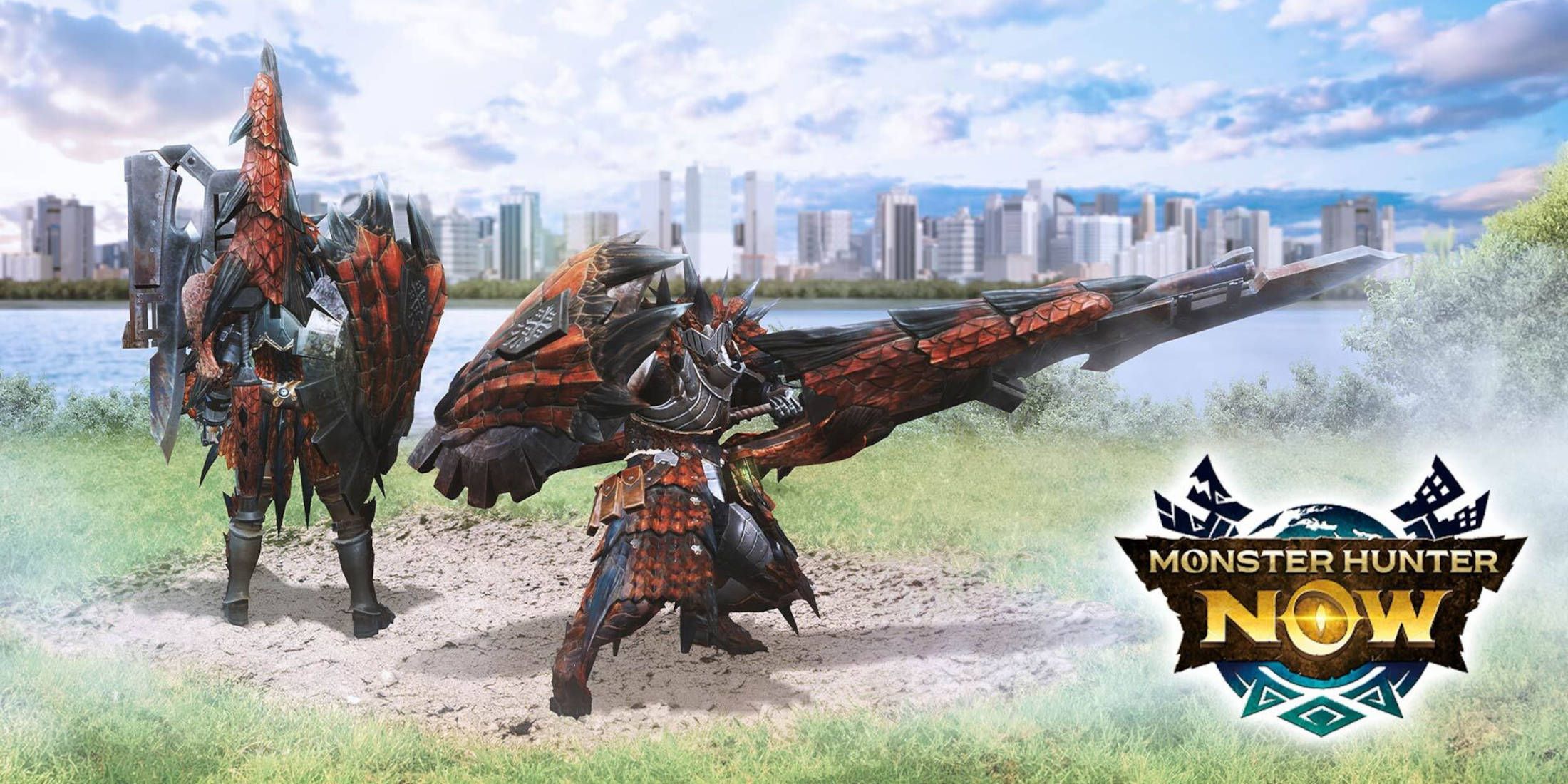 Two Monster Hunter Now Gunlance hunters showing off their build outside of a city.