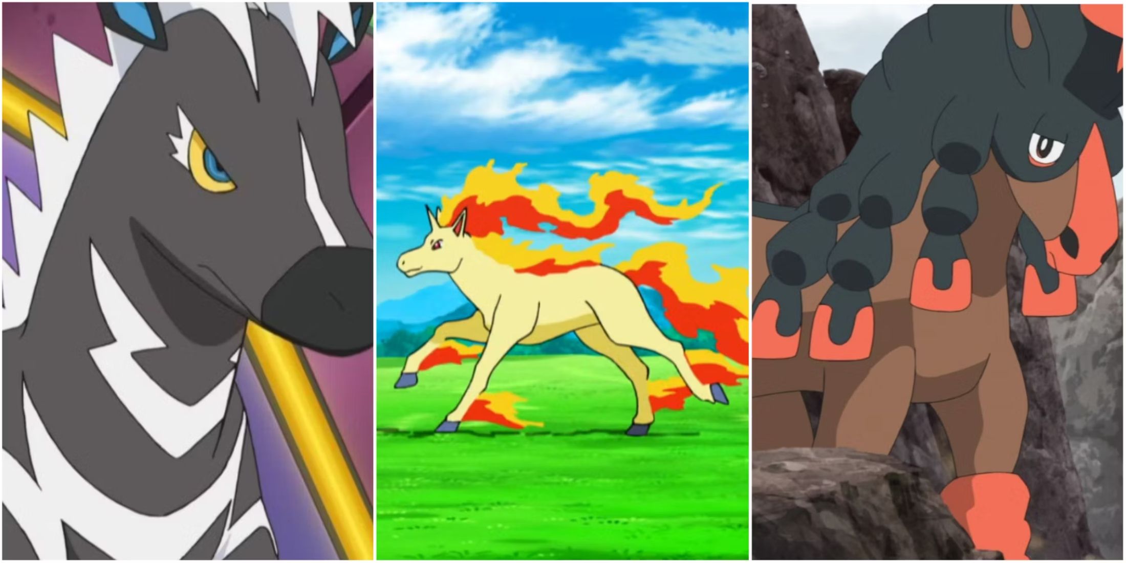 Three way split grid of Zebstrika, Rapidash, and Mudsdale from Pokemon