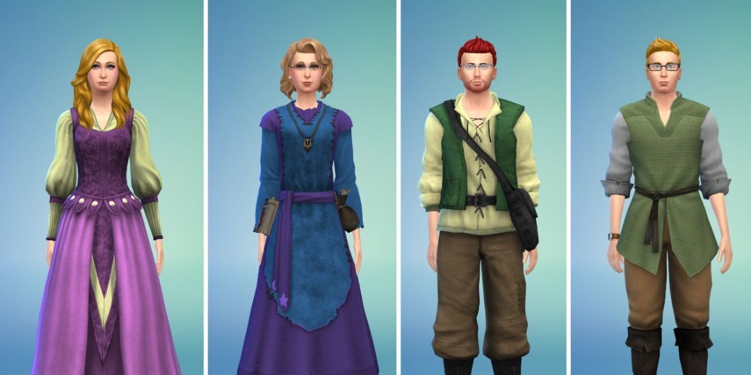 Four Sims stand wearing outfits from the Sims Medieval. One wears a pink dress, one a purple one, one a green set of shirt and breeches, and the other a green tunic.