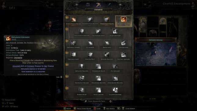 A screenshot shows the Explosive Grenade skill for Mercenary in Path of Exile 2.