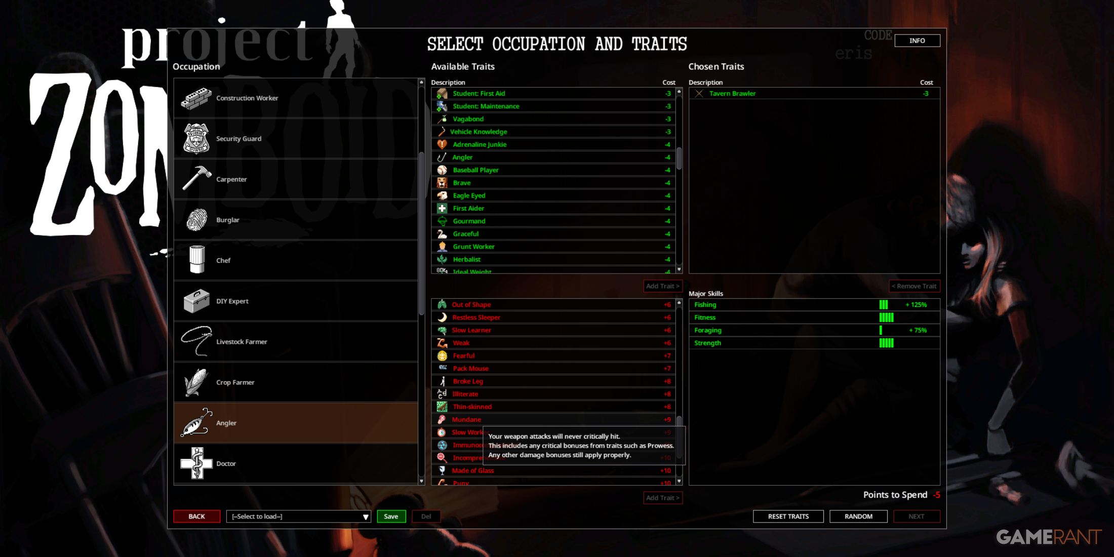 Traits selection screen highlighting new and customizable traits with mod support in Project Zomboid