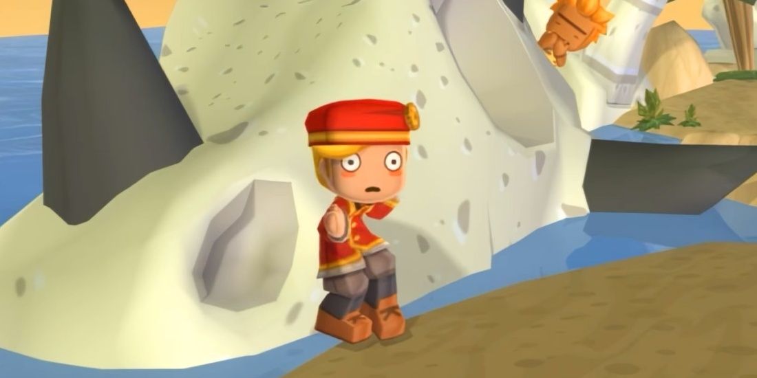 Image of Buddy looking scared by a dinosaur skull from MySims: Kingdom.