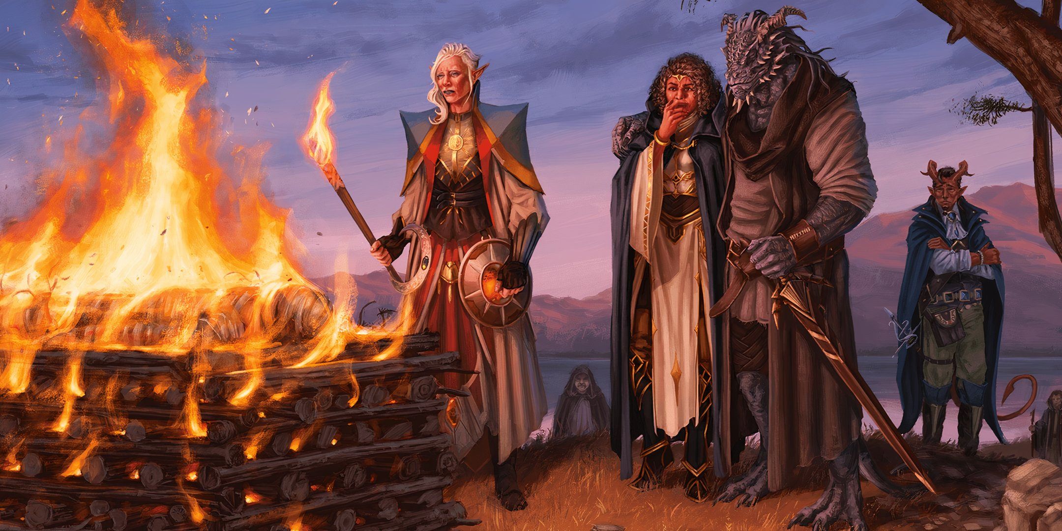 Three adventurers gather around a burning funeral pyre in Dungeons & Dragons. 