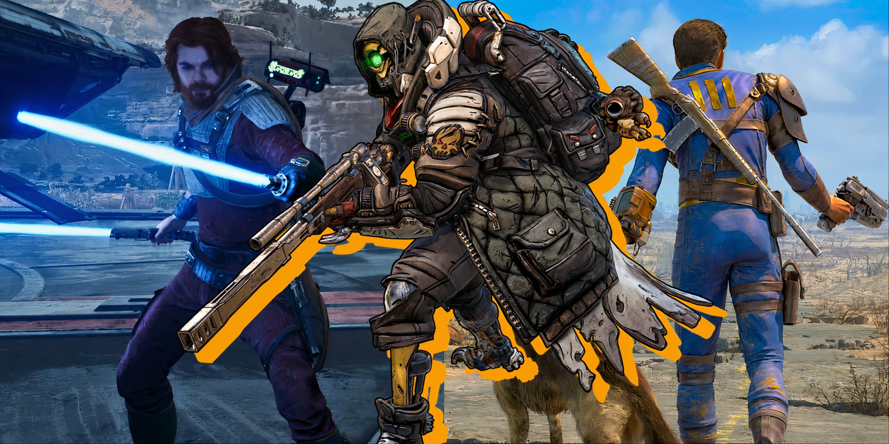 Split image of Star Wars Jedi Survivor, Borderlands 3, and Fallout 4