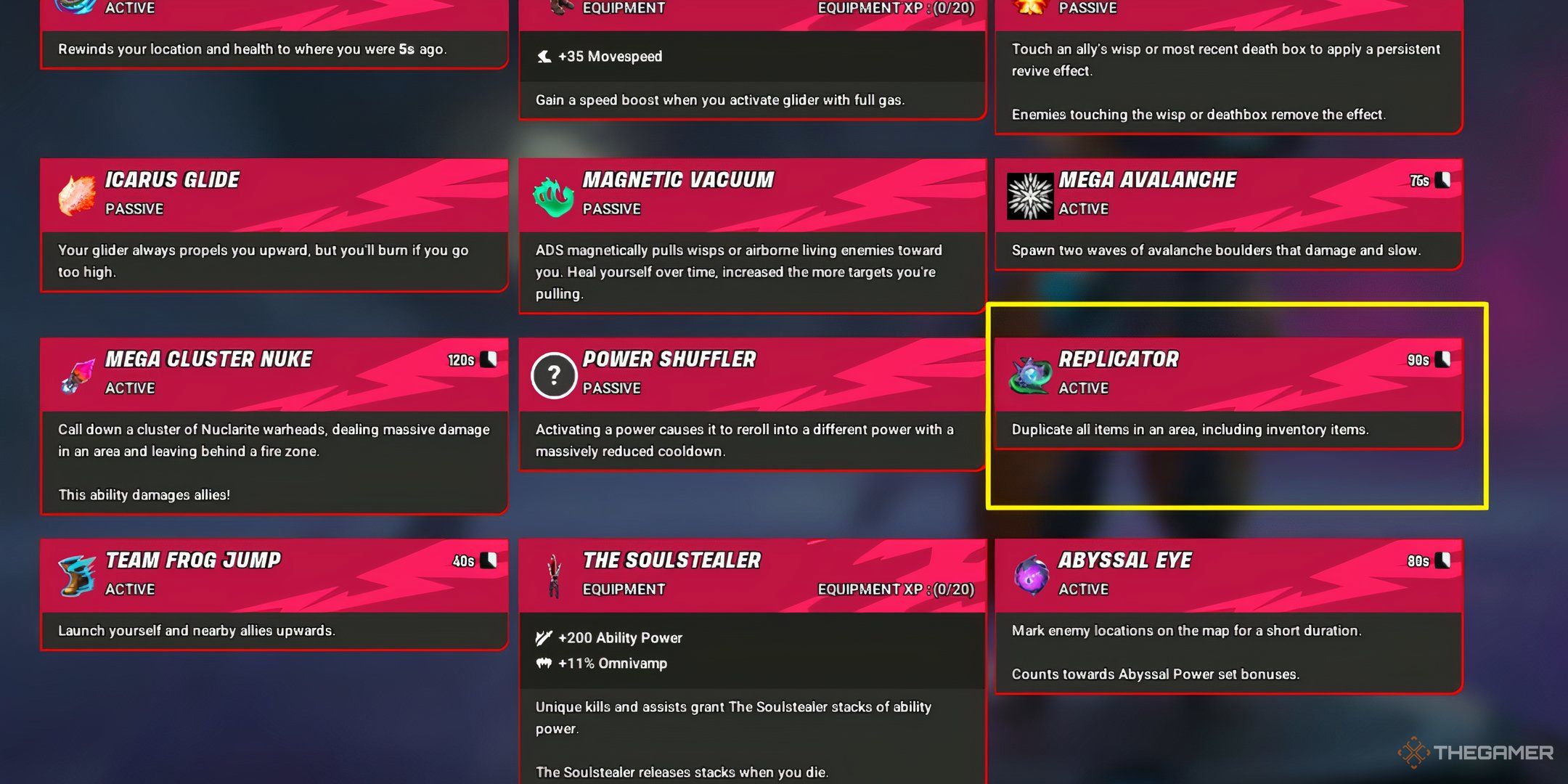 Showcasing the Replicator's icon and ability in Supervive's Powers menu.