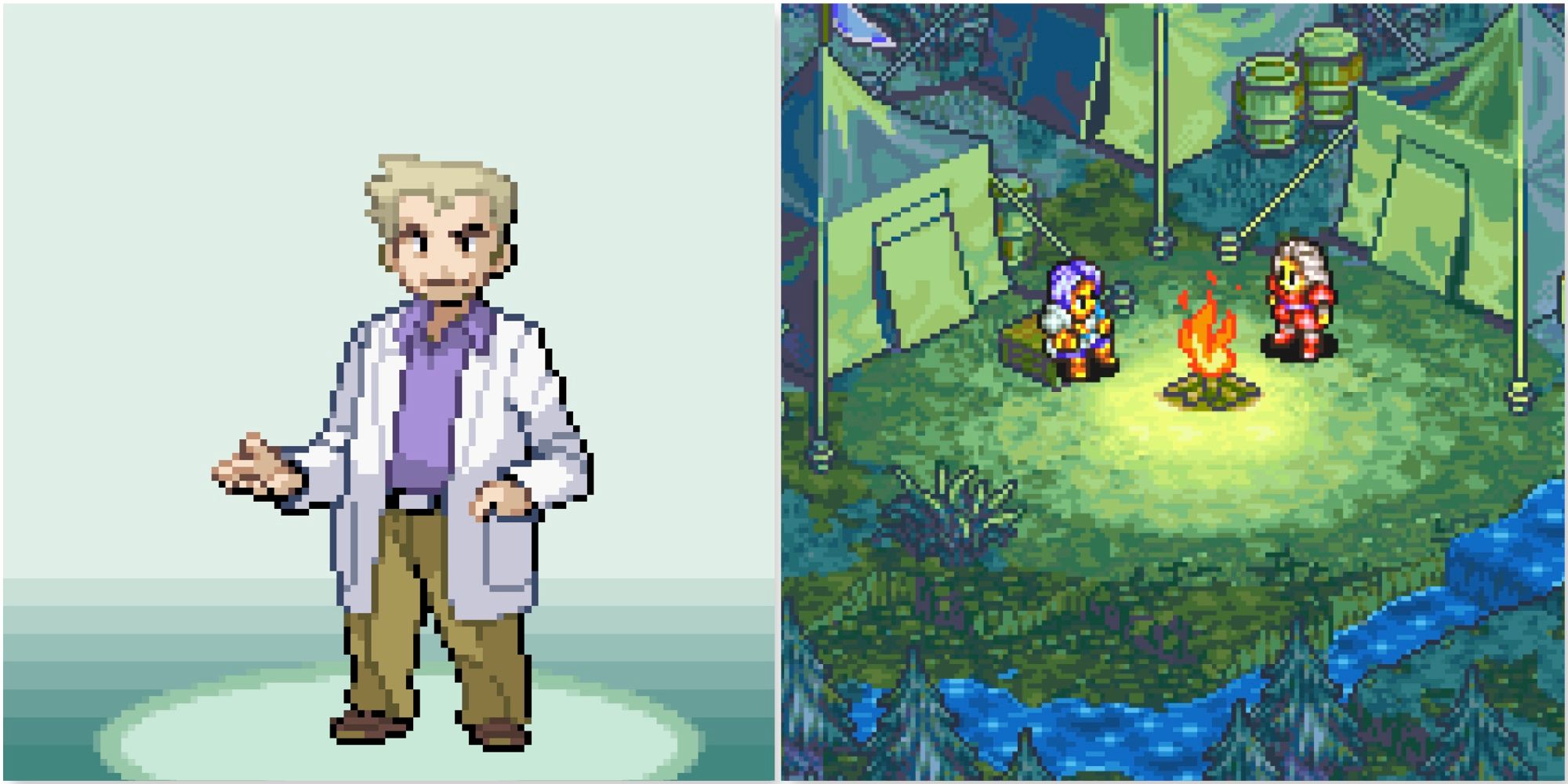 Professor Oak in Pokemon FireRed and A cutscene featuring characters in Tactics Ogre The Knight of Lodis