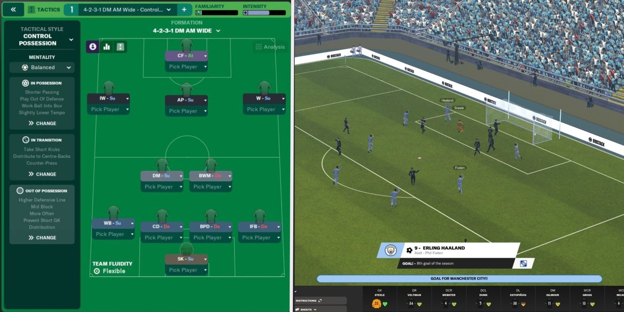 split image of tactics and gameplay in Football Manager 2024-1