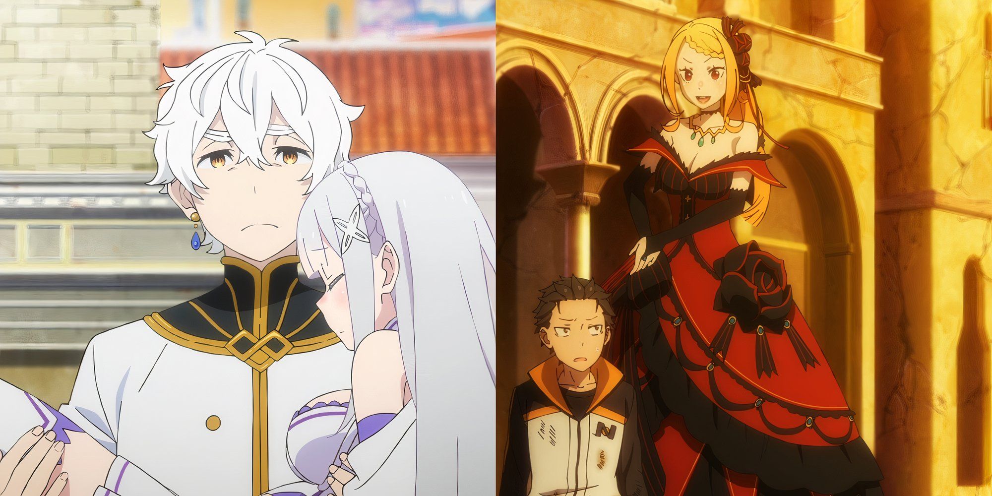 Regulus Corneas holding Emilia, and Priscilla Barielle with Subaru Natsuki in season 3 of ReZero