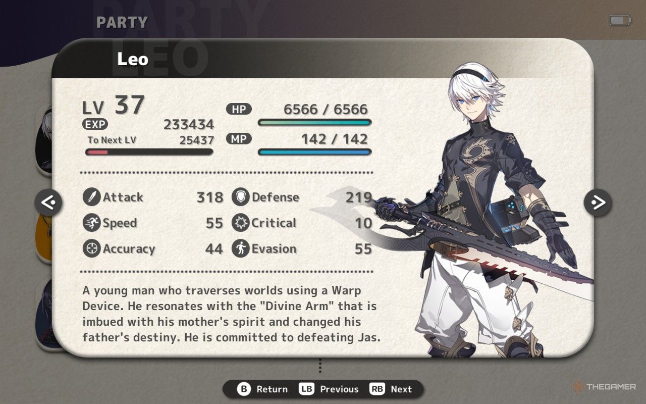 Leo's character profile in Fantasian Neo Dimension showing his stats.