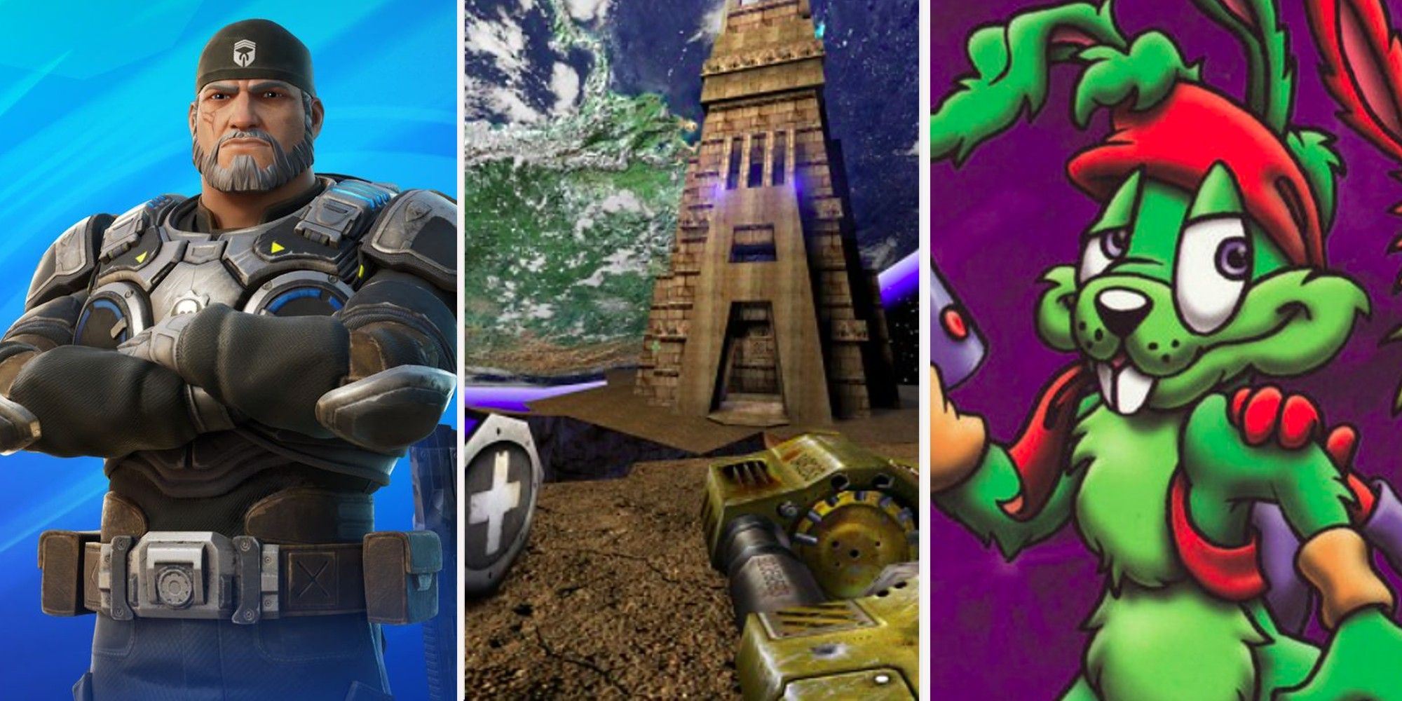 Best Epic Games featured Image - Marcus Fenix in Fortnite, Unreal Tournament facing worlds, and Jazz Jackrabbit