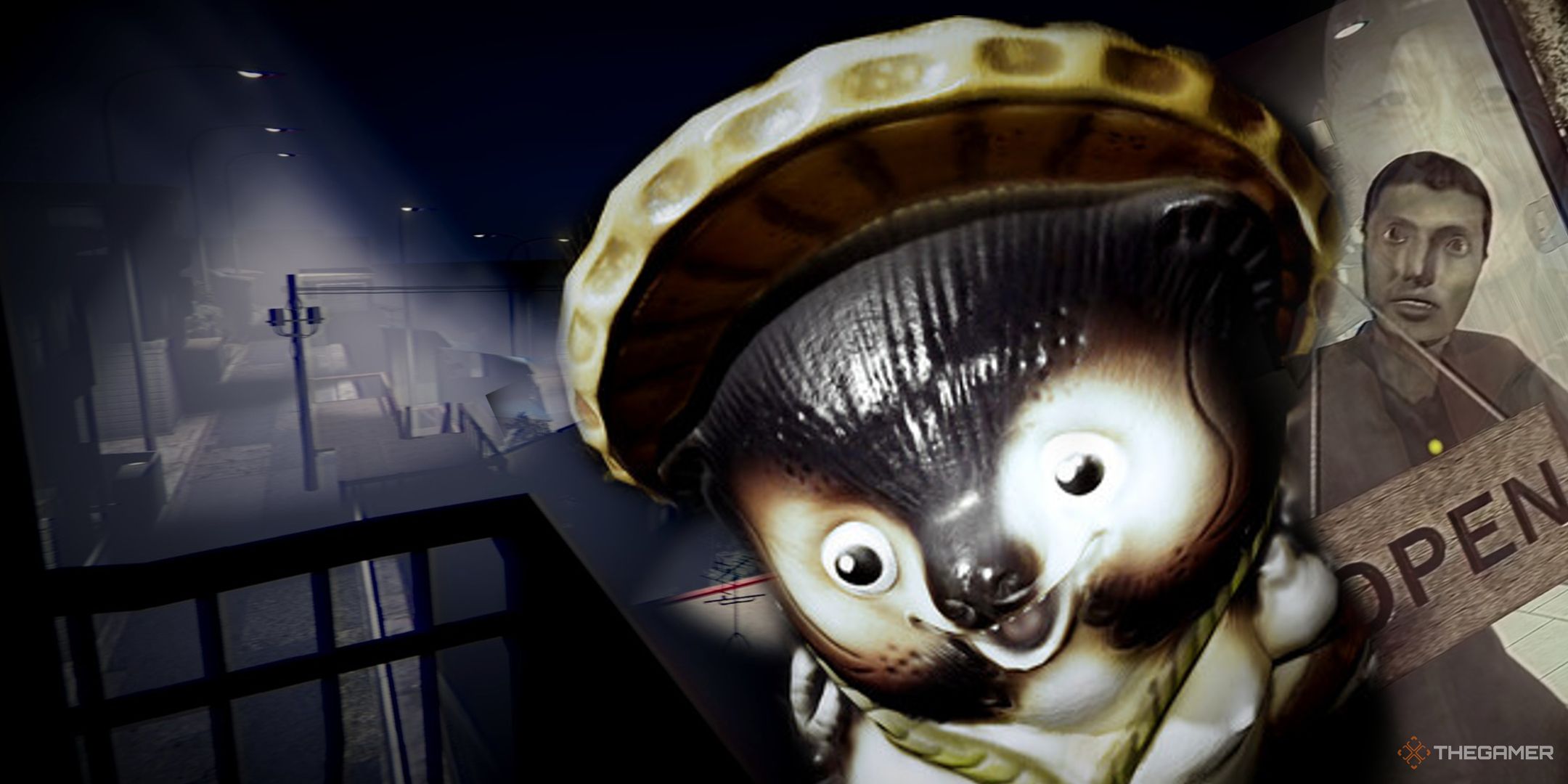 A smiling tanuki statue looks on with glee at an empty Japanese town at night. Behind them, a man can be seen trying to get into a store after hours and the ghostly image of a man's face is only barely visible.