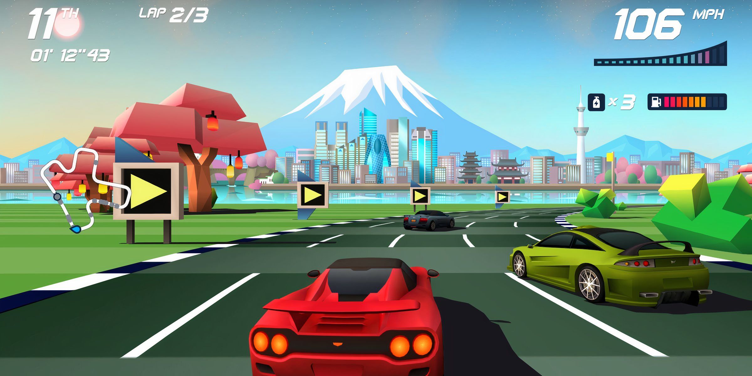 Two cars racing in Horizon Chase Turbo.