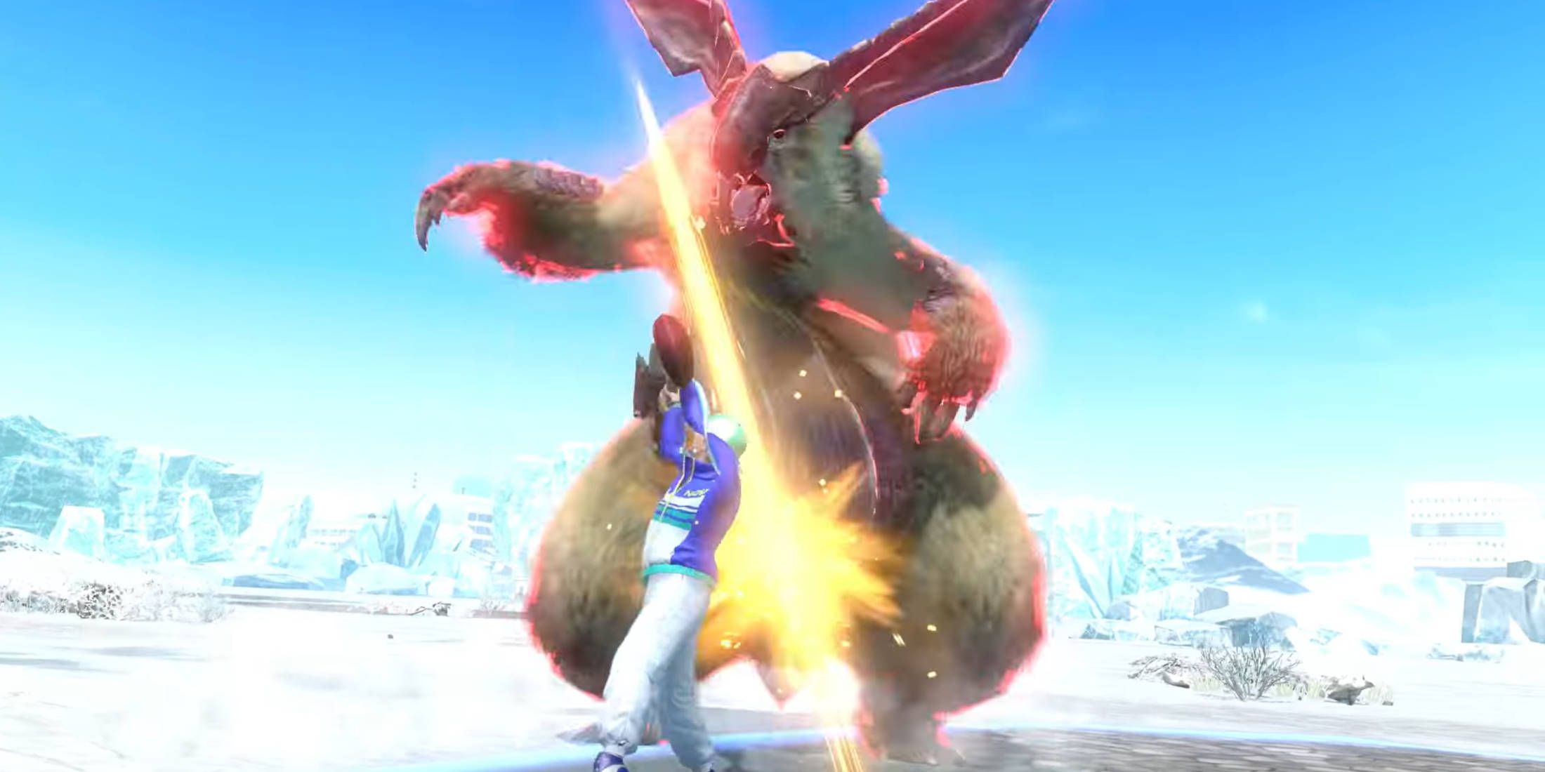 A hunter using the best Monster Hunter Now Switch Axe build while wearing a jogging outfit to slash a giant rabbit in a snowy landscape.