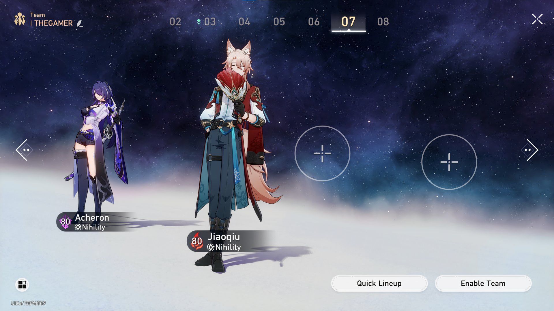 Honkai Star Rail Jiaoqiu and Acheron in the team lineup menu.