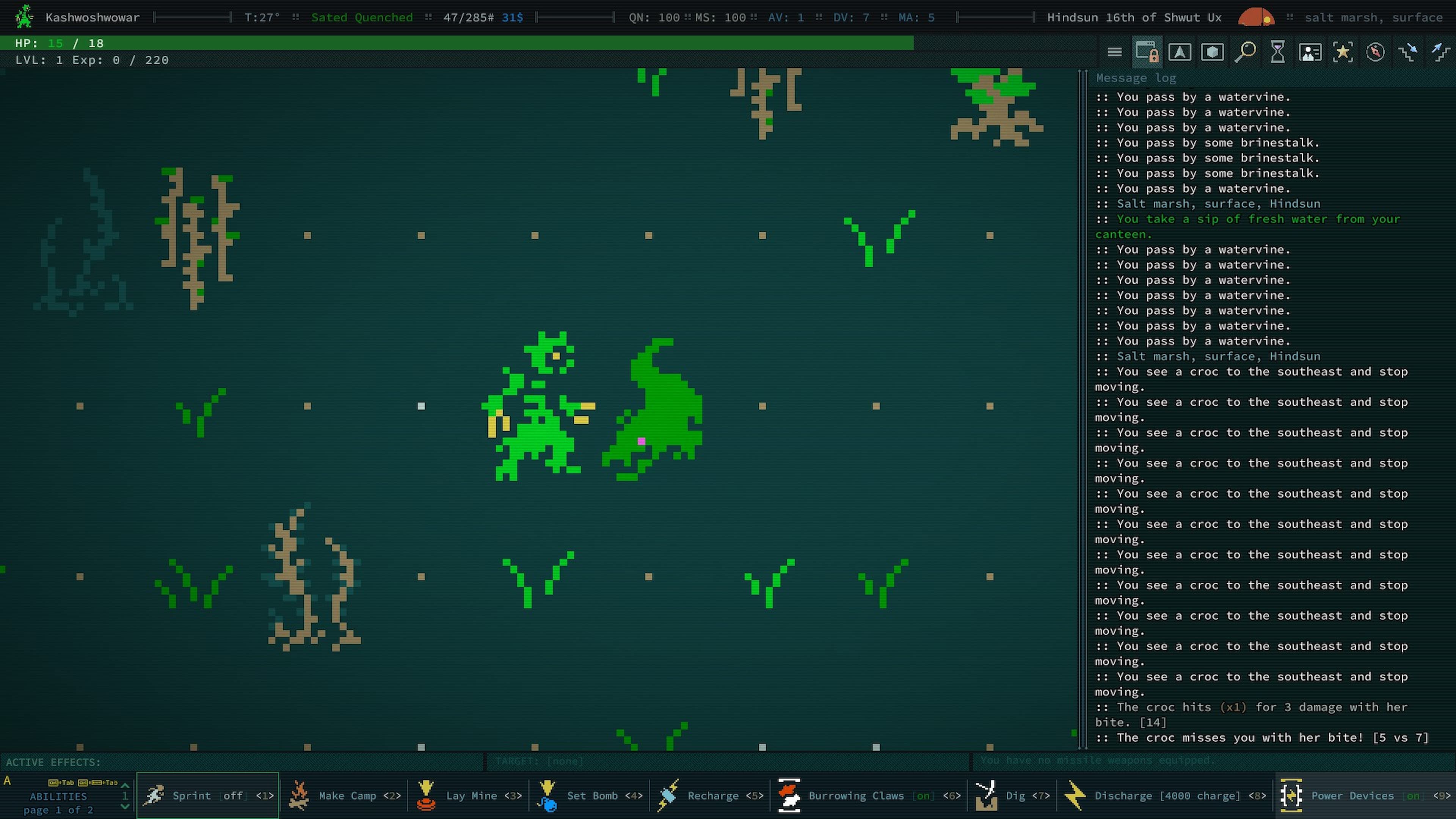 Fighting a croc in Caves of Qud