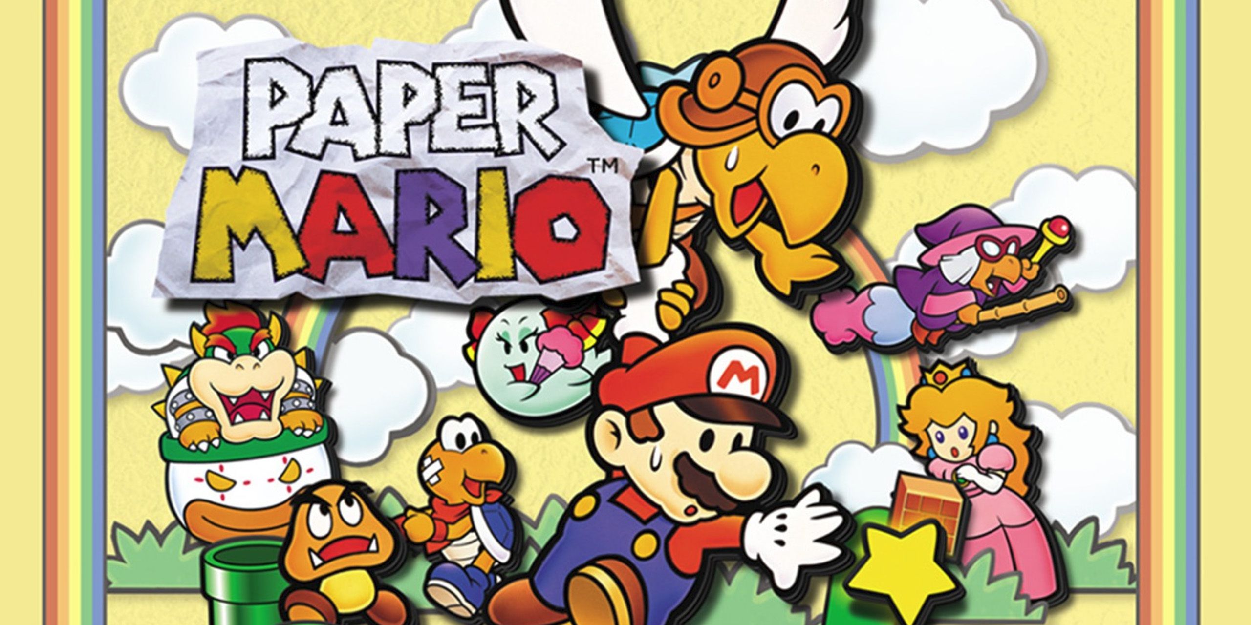 Mario and his party members running away from Bowser and Kammy Koopa in Paper Mario.