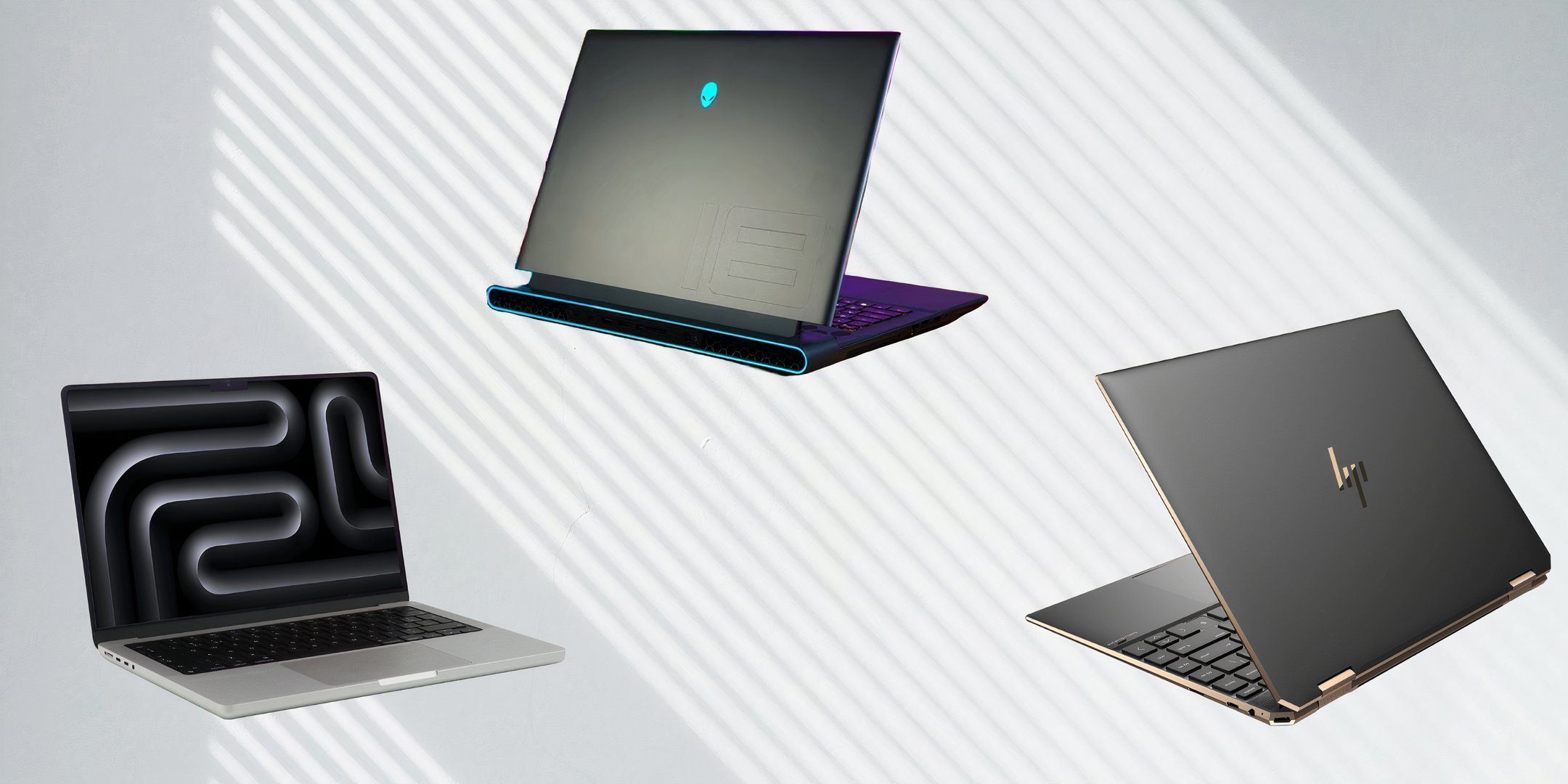 Images of Apple MacBook Pro 14 (M3), Dell Alienware m18 R2, and HP Spectre x360 14 place on an image of a white wall.