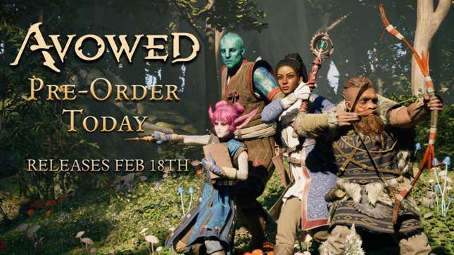 An Avowed pre-order promotional image, showing a blue man, a white elf with pink hair, a black woman and perhaps a black dwarf.