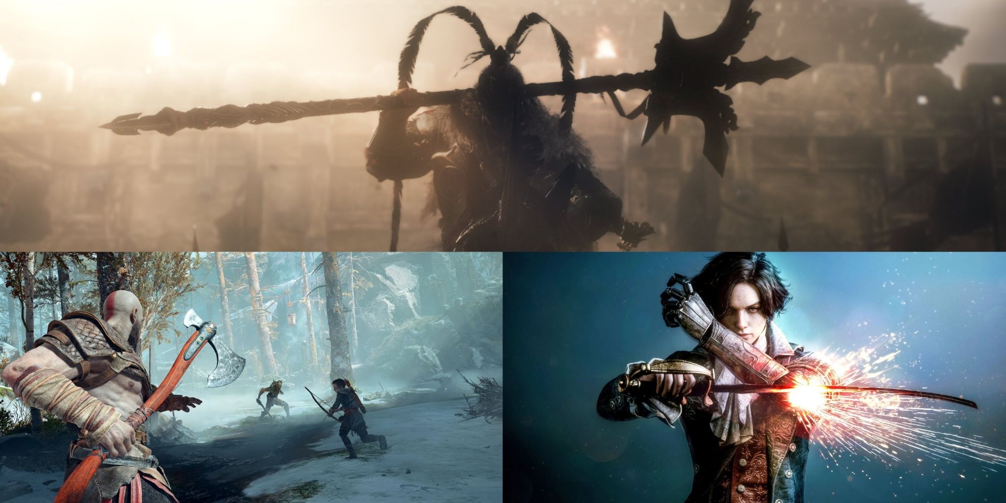 Collage of God of War, Lies of P, and Wo Long