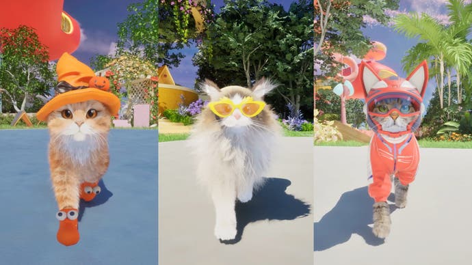 Catly screenshot showing three cats in silly outfits