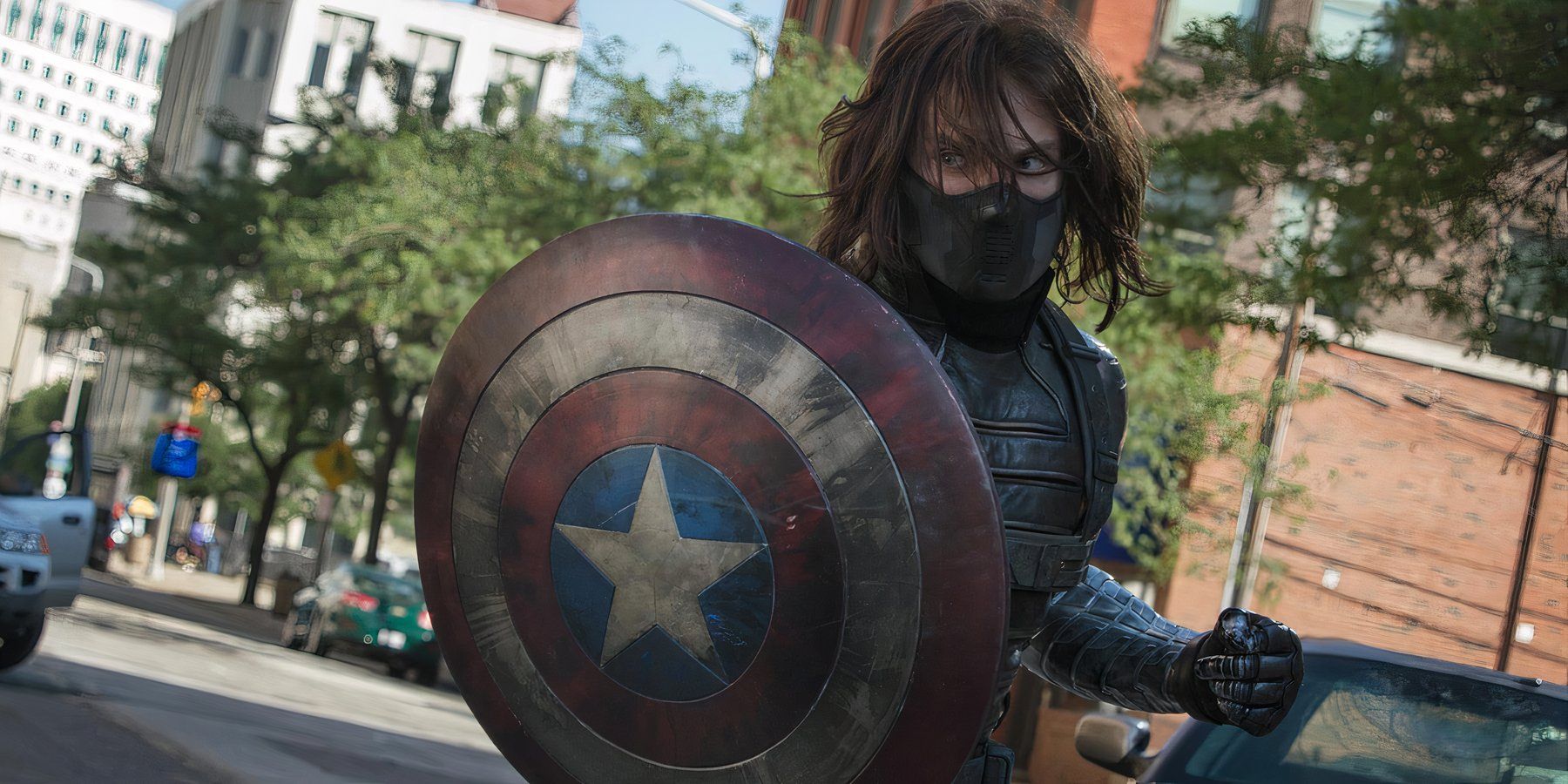 Sebastian Stan with shield in Captain America The Winter Soldier