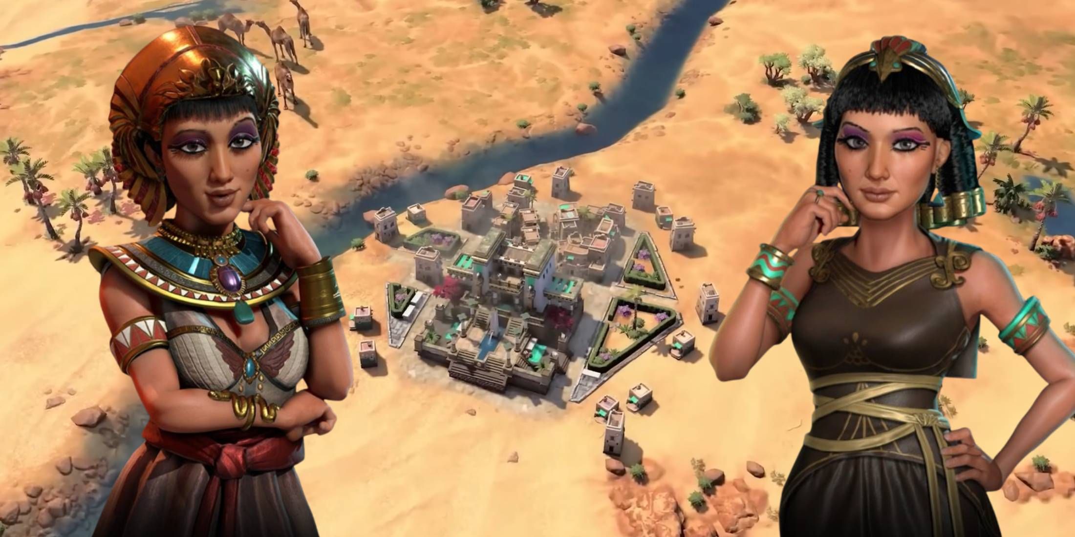 Egyptian and Ptolemaic Cleopatra from Civilization 6 over a desert city from Civilization 7