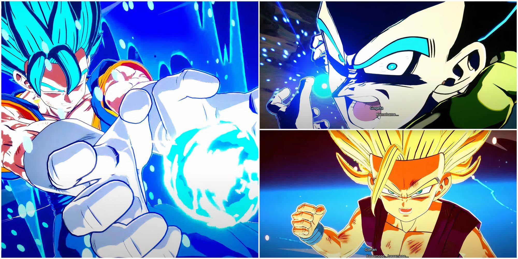 A collage image showing Vegito Blue, Gogeta Blue and Teen Gohan in Sparking Zero