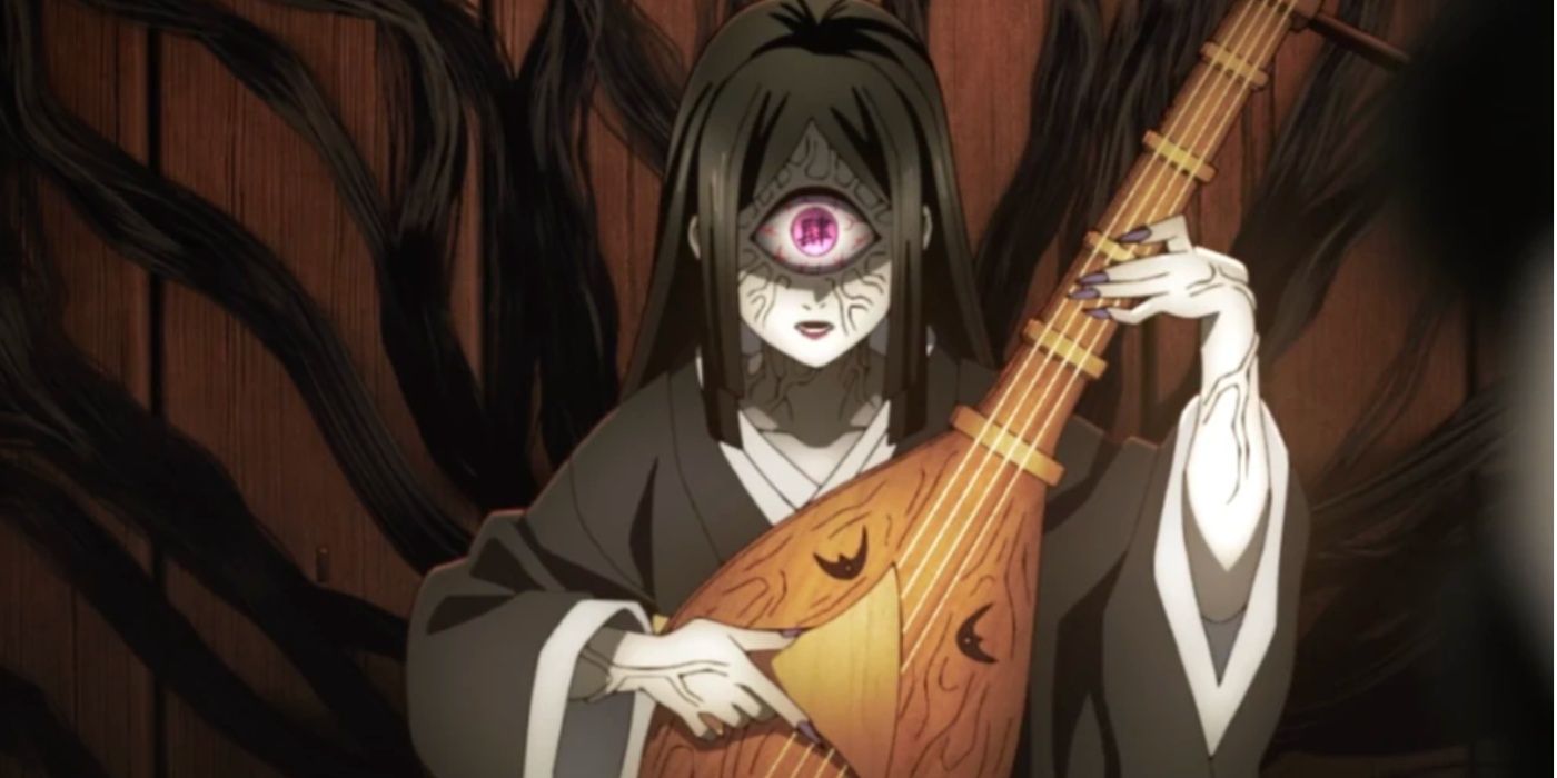 Nakime uses her eye detachments while playing her Biwa in Demon Slayer season 4.