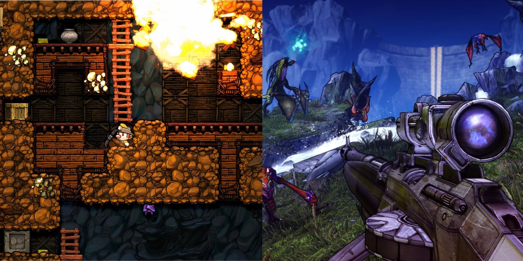 image showing spelunky gameplay on left and borderlands on right