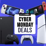 Cyber Monday deals badge surrounded by PS5, Nintendo Switch, Xbox consoles, and an Asus ROG Ally