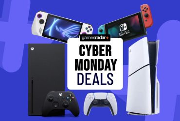 Cyber Monday deals badge surrounded by PS5, Nintendo Switch, Xbox consoles, and an Asus ROG Ally