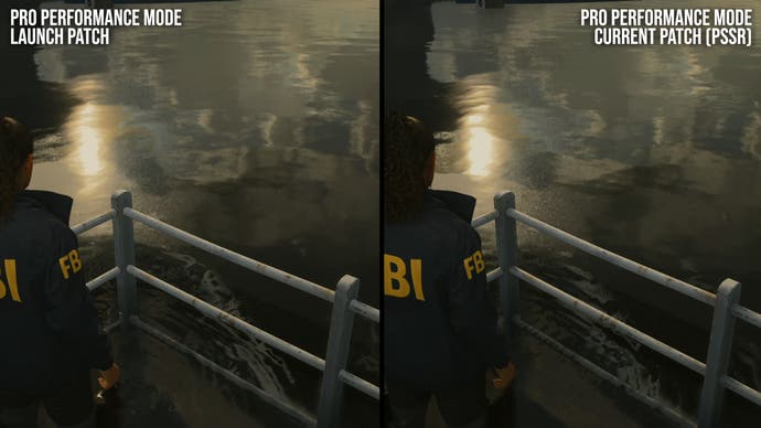 alan wake 2 on ps5 pro: launch vs current patch comparison screenshots, looking at water reflections