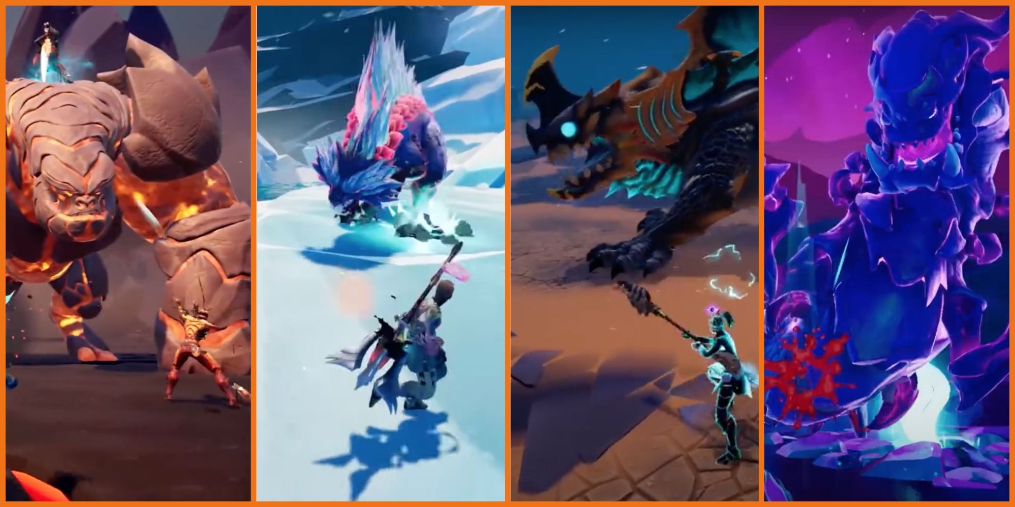 Torgadoro, Deepfrost Gnasher, Thunderdeep Drask and Thrax - Behemoths in battle in Dauntless