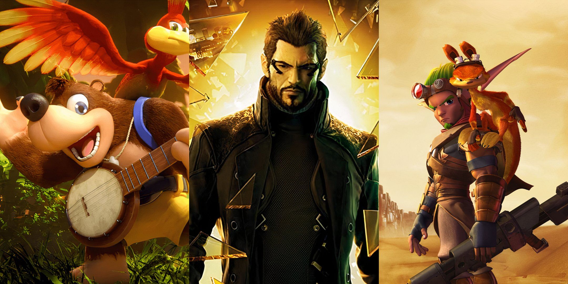 Banjo and Kazooie from Super Smash Bros. Ultimate, Deus Ex: Human Revolution box art, and box art to Jak 3.