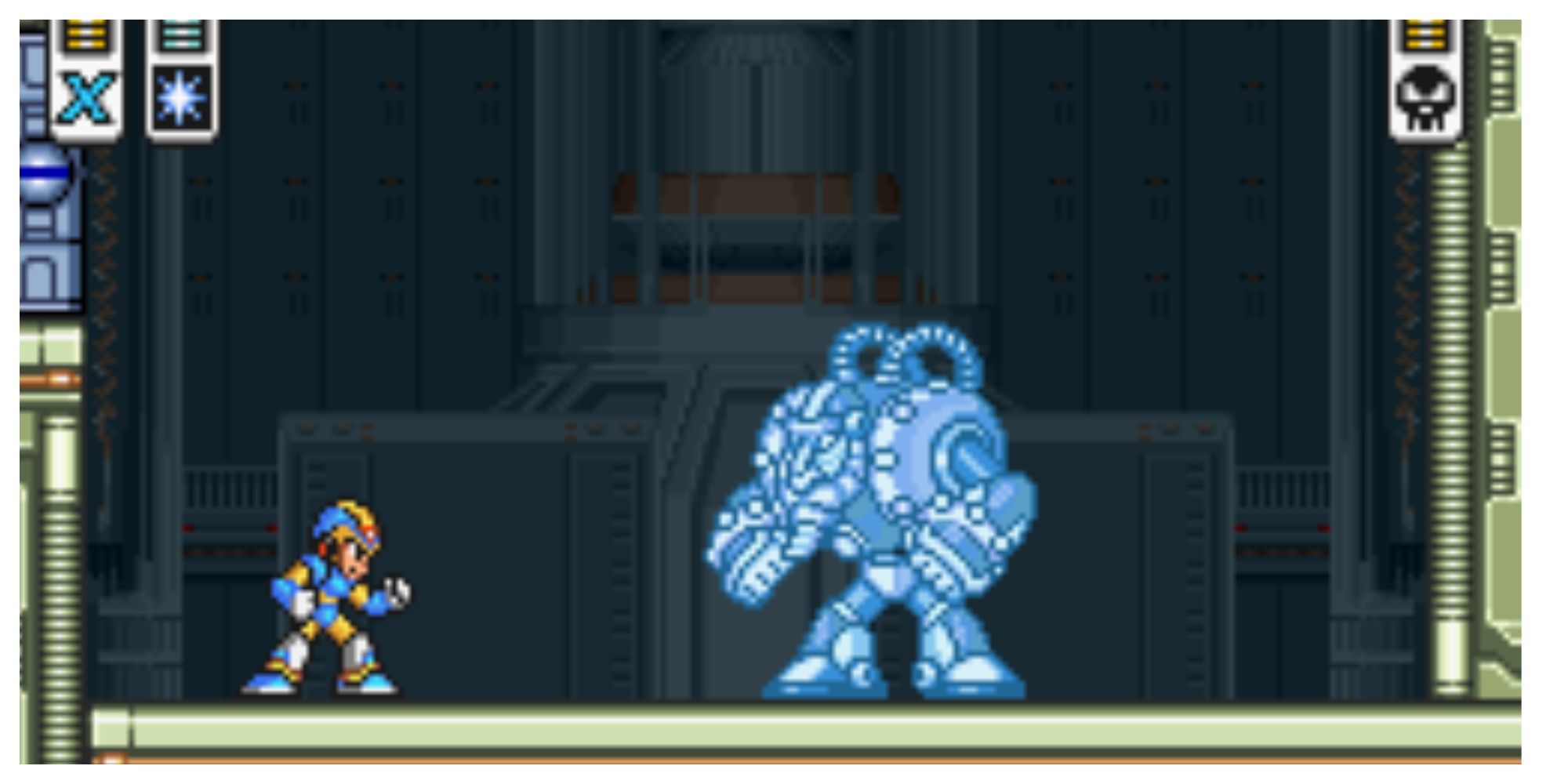 Spark Mandrill, frozen by Shotgun Ice in Mega Man X