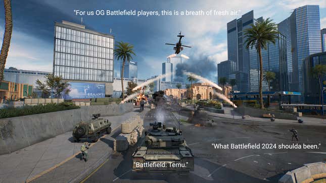 A screenshot witha battle tank and helicopter for Delta Force features Steam user reviews.