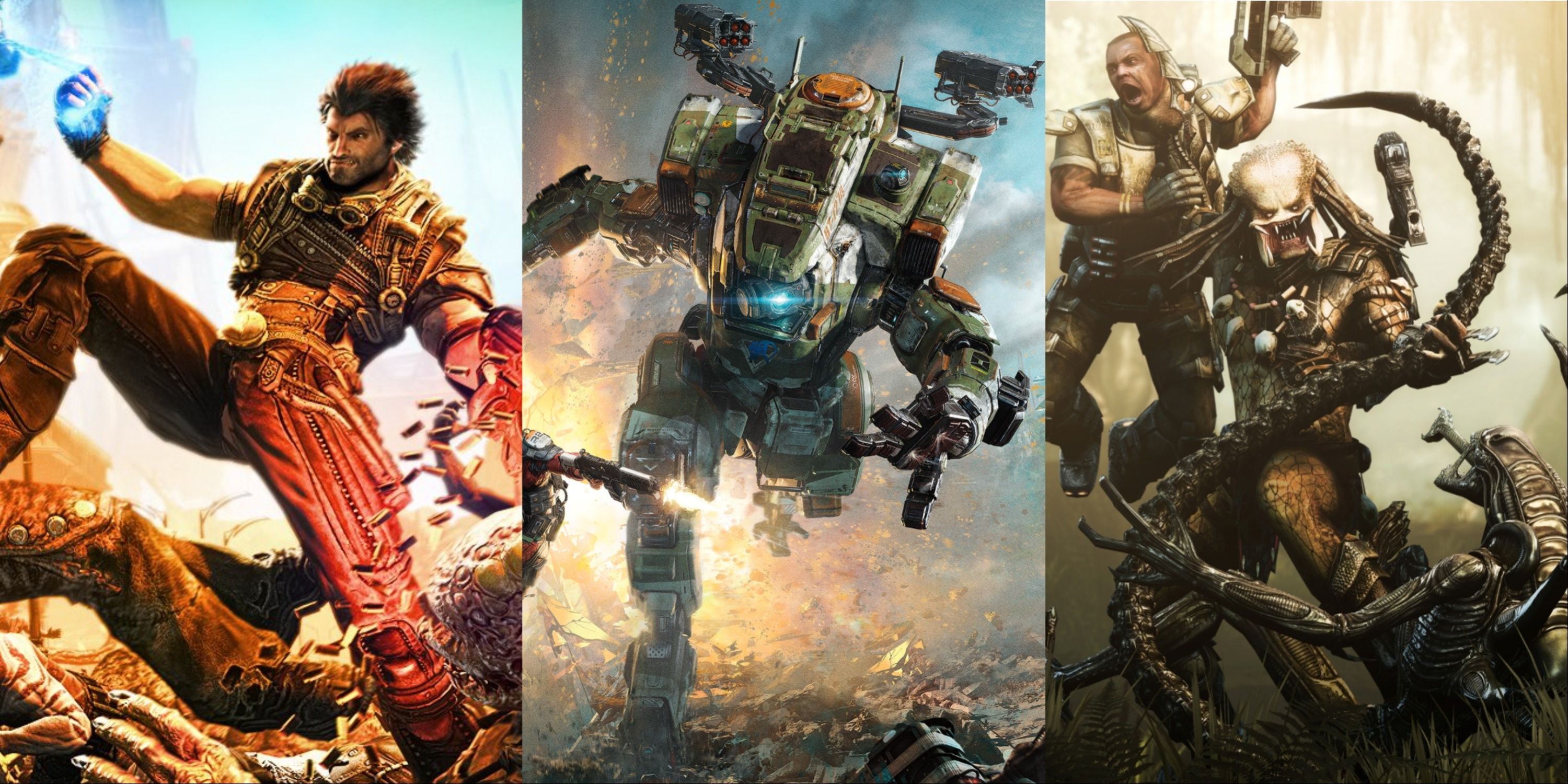 Split image of Grayson Hunt from Bulletstorm, BT from Titanfall 2, and the three protagonists of Aliens Vs Predator