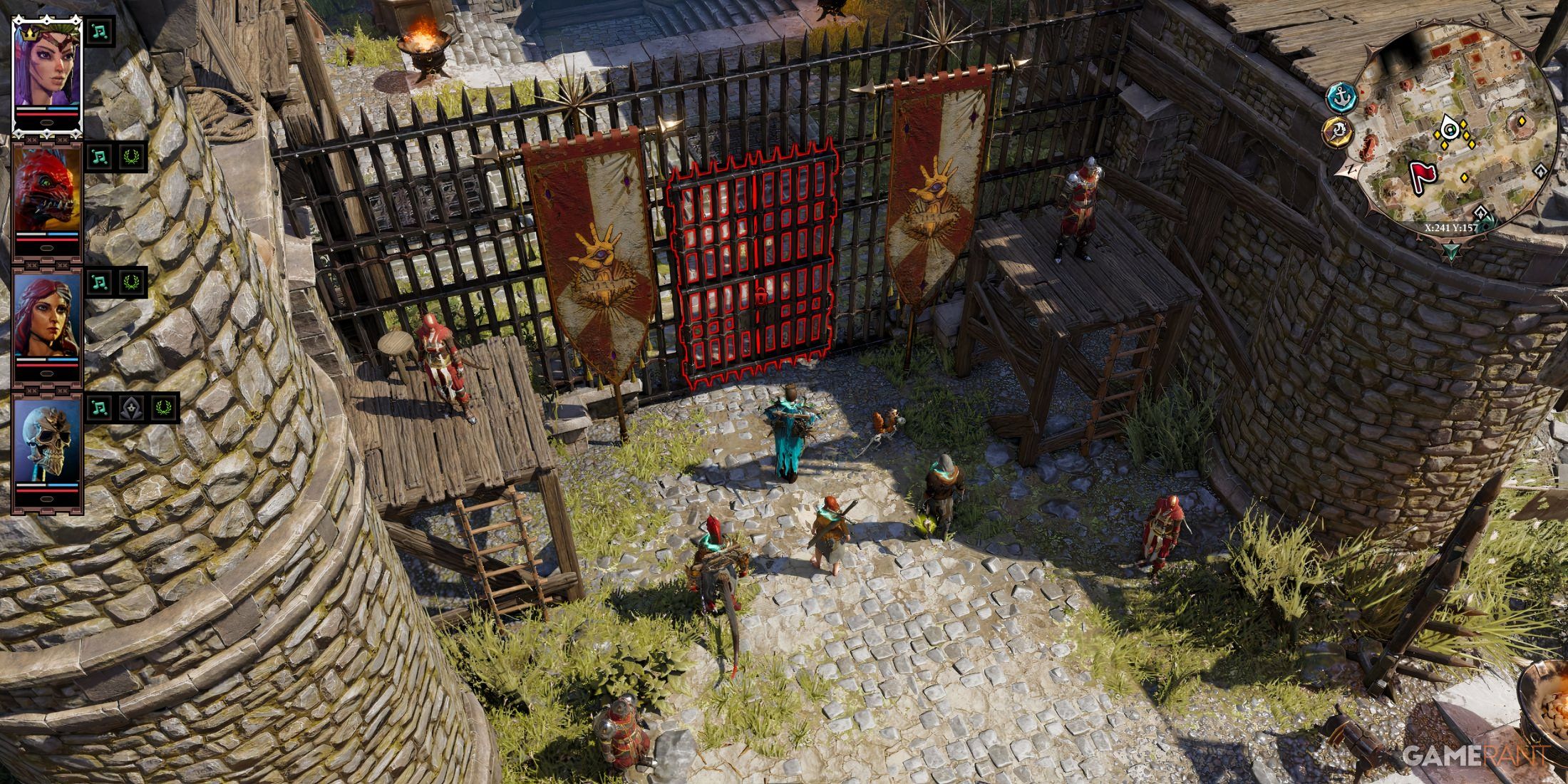 Characters standing before an iron gate blocking entry into the dungeons of Fort Joy