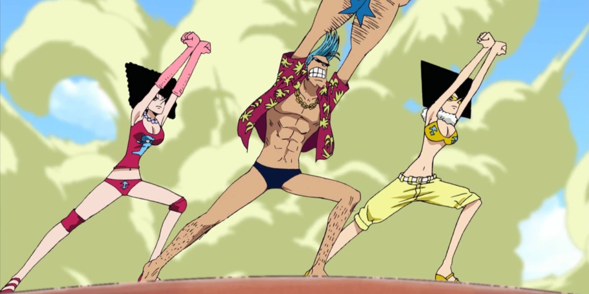 Franky introduces himself to Luffy, alongside Kiwi and Mozu.