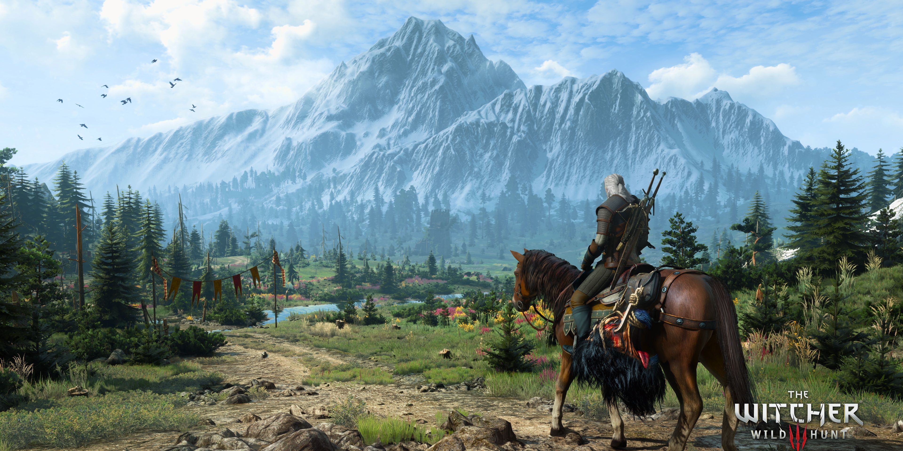 Geralt is riding on a horse overlooking Skellige in the Witcher 3 Wild Hunt.