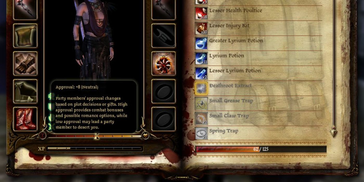 Morrigan equipment screen that also tracks her approval (currently neutral) in Dragon Age: Origins.