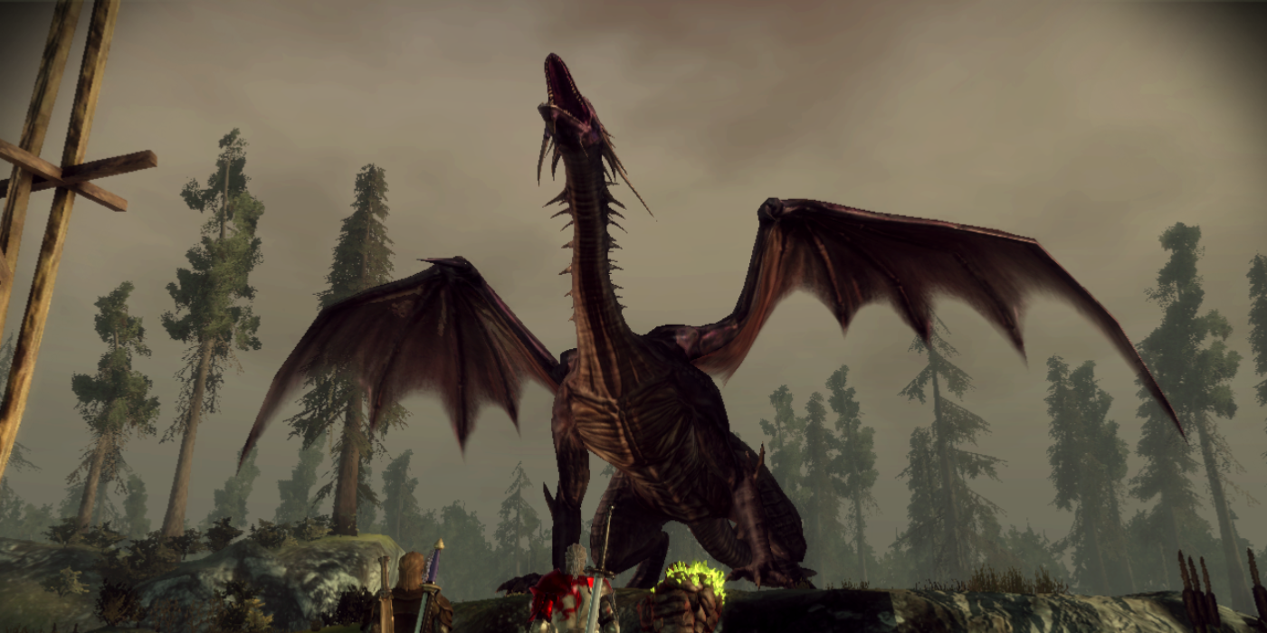 Flemeth roars in her dragon form before her boss fight during Morrigan's personal quest in Dragon Age: Origins.