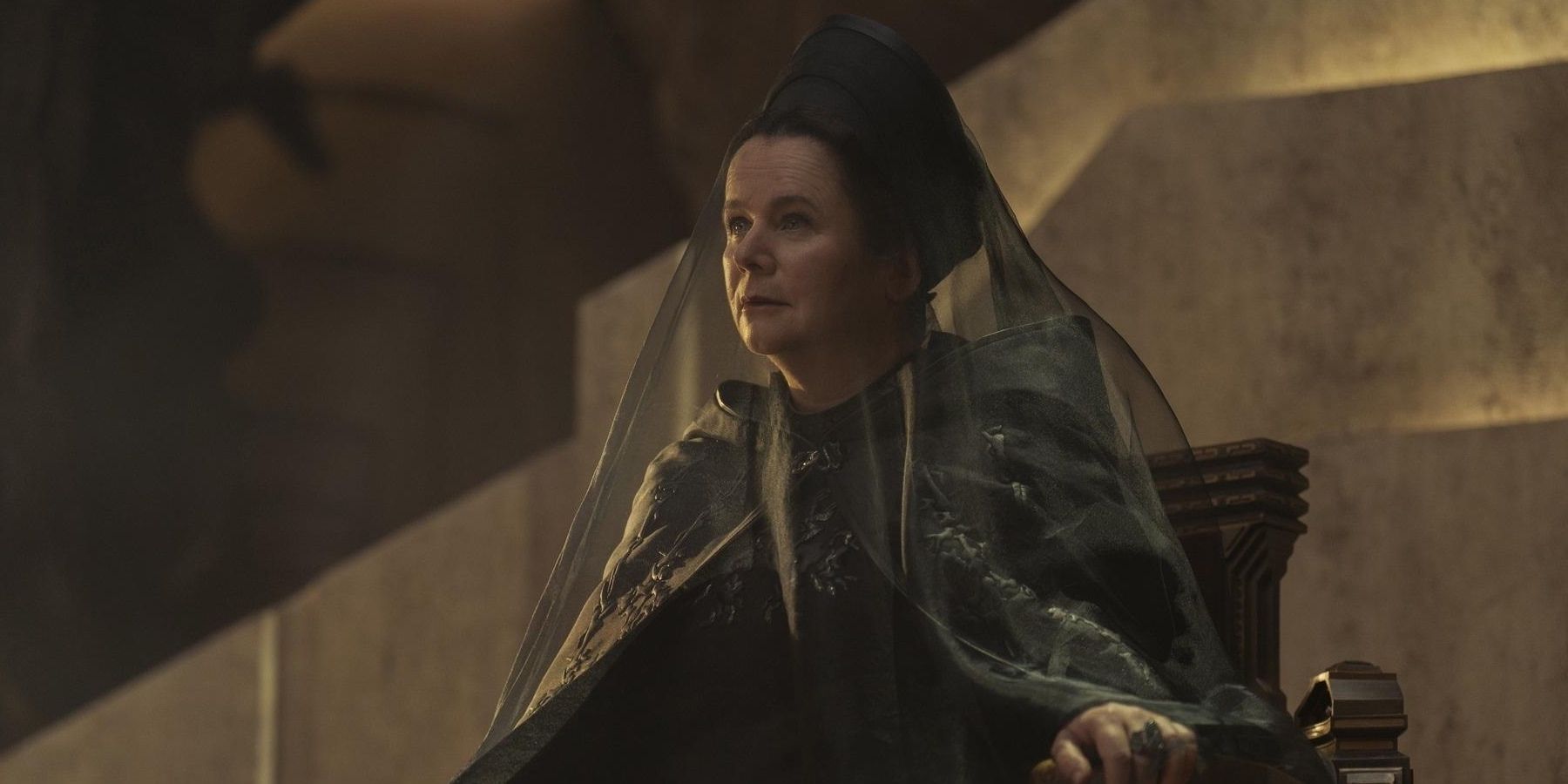 Valya Harkonnen (Emily Watson) sits on the Imperial throne in Dune: Prophecy